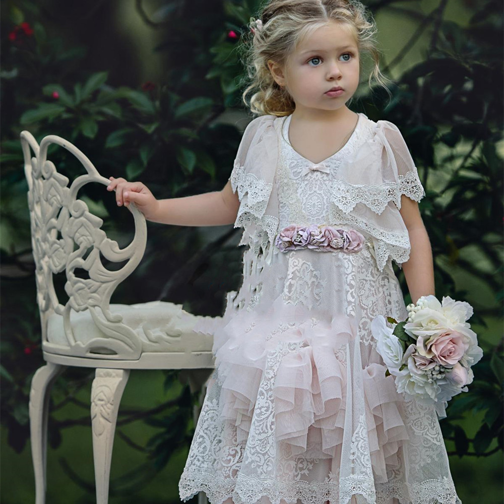 Cute Girls Pageant Dresses Lace Appliques Jewel Party Gown Flower Girl Dress Short Sleeves Colorful Formal First Communion Dresses