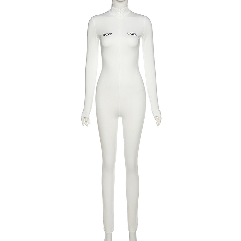 Casual Sporty Letter Printed Rompers Womens Jumpsuit Long Sleeve Workout Zipper Fitness Bodycon Jumpsuits Lucky Label