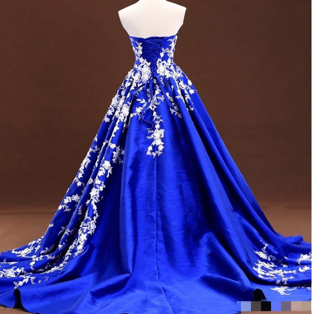 Elegant Royal Blue Ball Gown Prom Dresses Appliques Lace Sweetheart Strapless Long Plus Size Formal Evening Party Wear Gowns Robe de soriee
