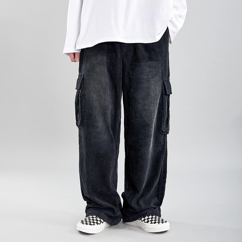 Corduroy Trousers Mens Old School Multi-pocket Cargo Pants Men Casual Thick Baggy Straight Elasticated-waist Wide-Leg Black Pant1