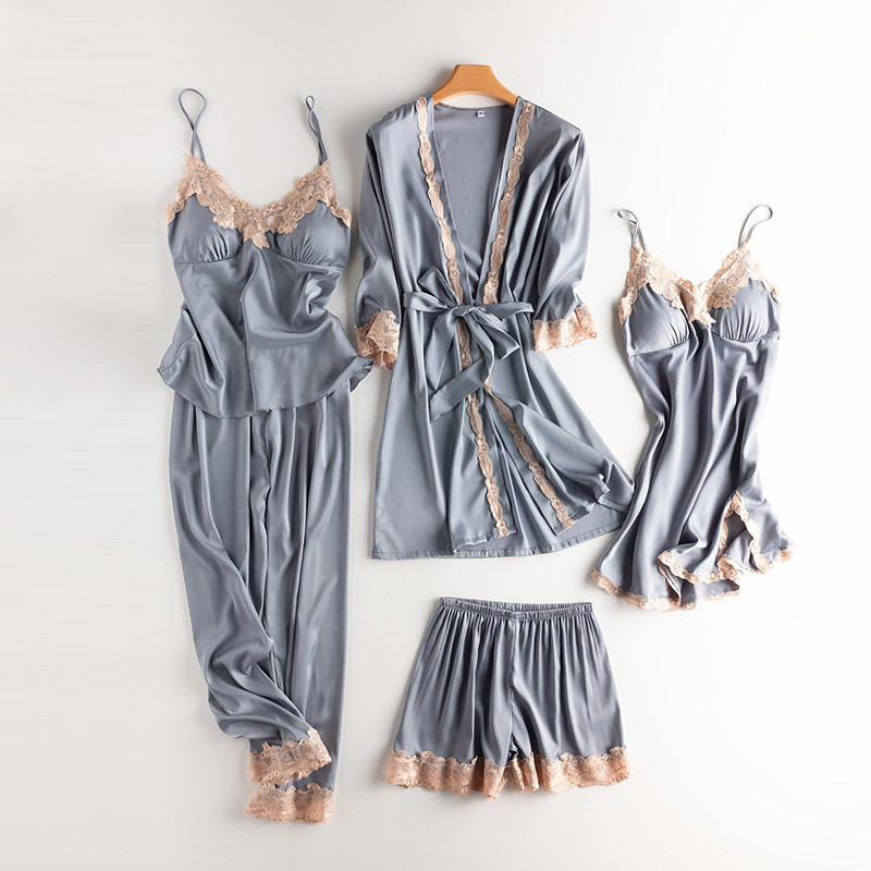 5PCS Pajamas Set Navy Blue Women Rayon Robe Gown Nightwear Lace Home Clothing Softy Sleepwear Strap Lntimate Lingerie Sleep Suit 210203
