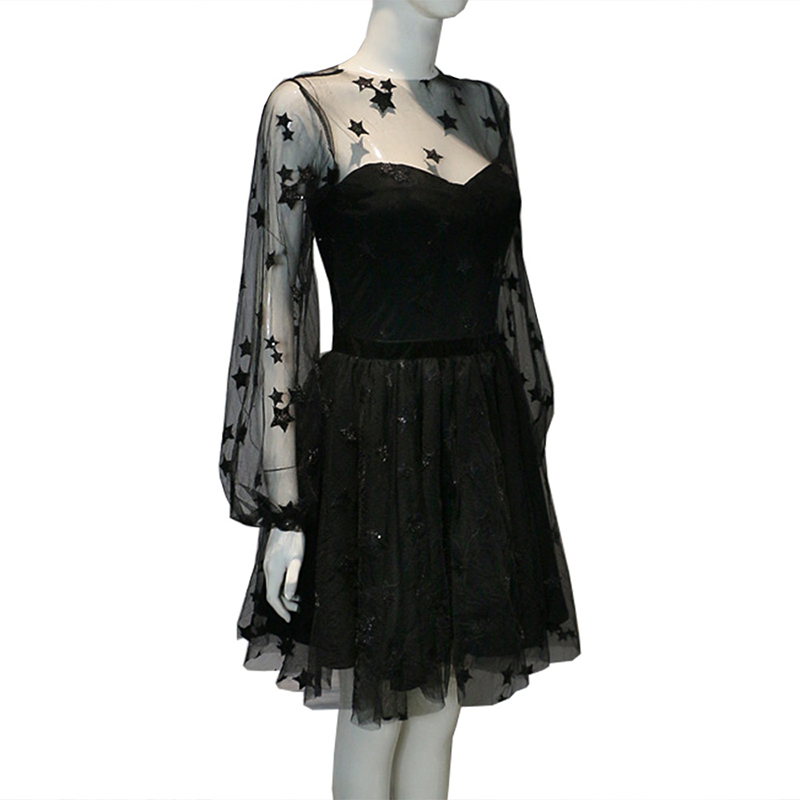 Women Sequin Star Print Tulle Dress Ladies Mesh See-Through Tail Party T200320