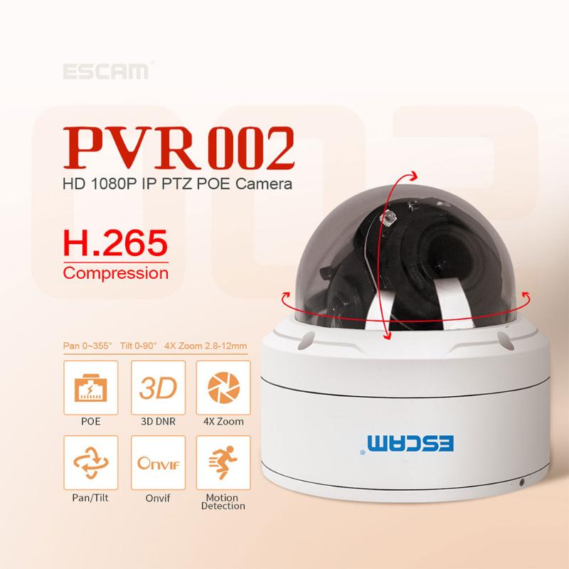 ESCAM PVR002 2MP HD 1080P IP PTZ Dome Camera 4X Zoom 2.8-12mm Lens Water Resistant Night Vision Motion Detection
ESCAM PVR002 2MP HD 1080P IP PTZ Dome Camera 4X Zoom 2.8-12mm Lens Water Resistant Night Vision Motion Detection