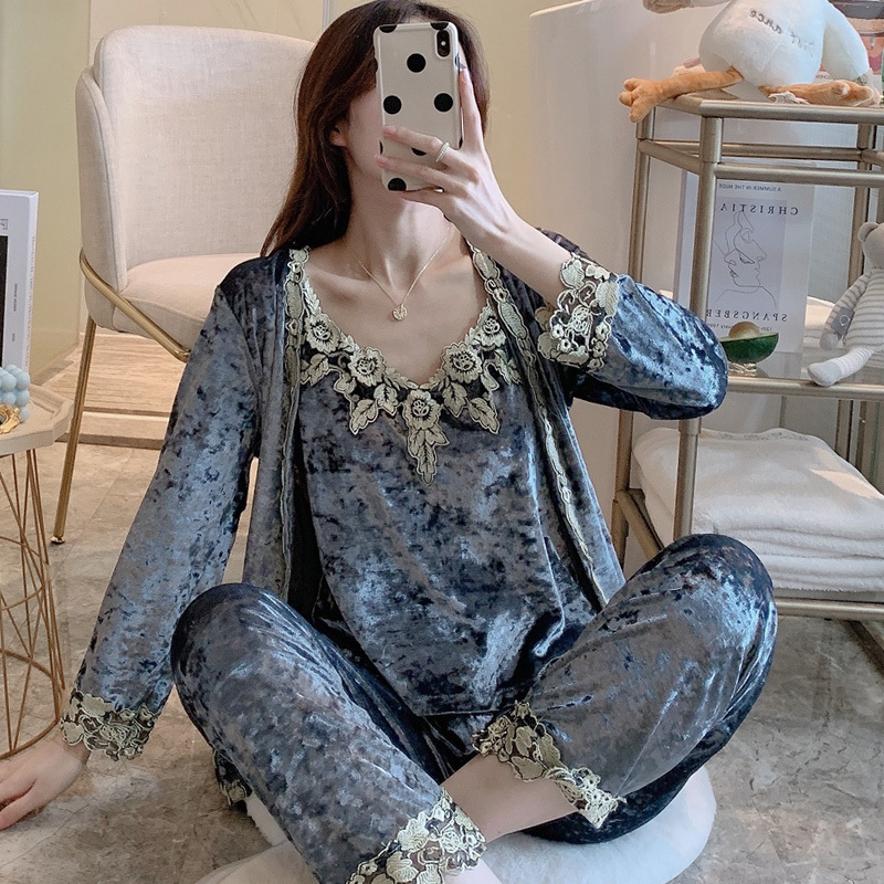 Autumn Winter Warm Pajamas Set Women SleepSet Deep Gold Velvet Sexy Homewear Pyjamas Women Pajama Sets Long Pant Set Robe Women 201113
