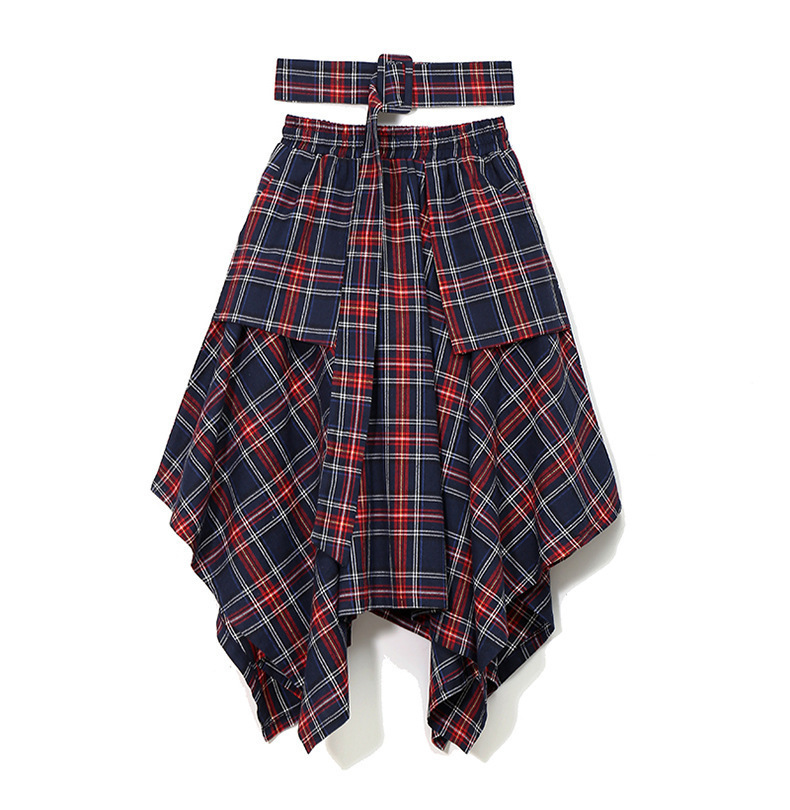wreeima High Waist Red Plaid Split Joitn Asymmetry Loose Big Hem Halfbody casual Skirt Women Fashion midi Skirt autumn T200113