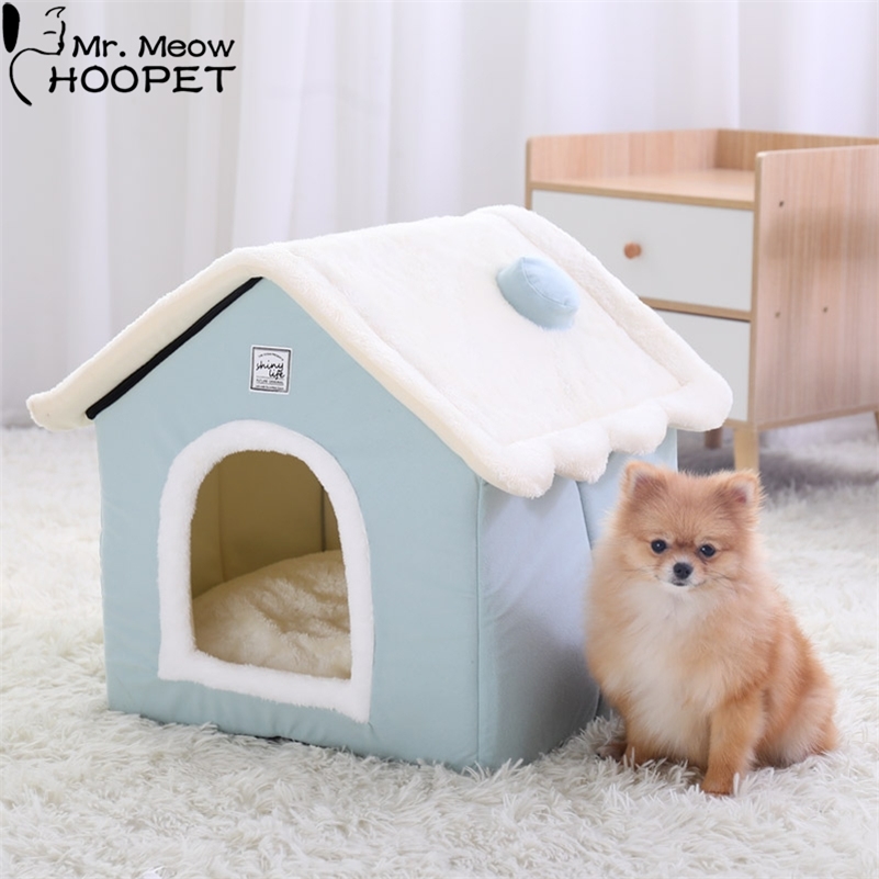Hoopet Winter Cat House Warm Washable Bed Removable Cover Non Slip Bottom Pet Cave Small Dog Rabbit Nest With Mat 201130
