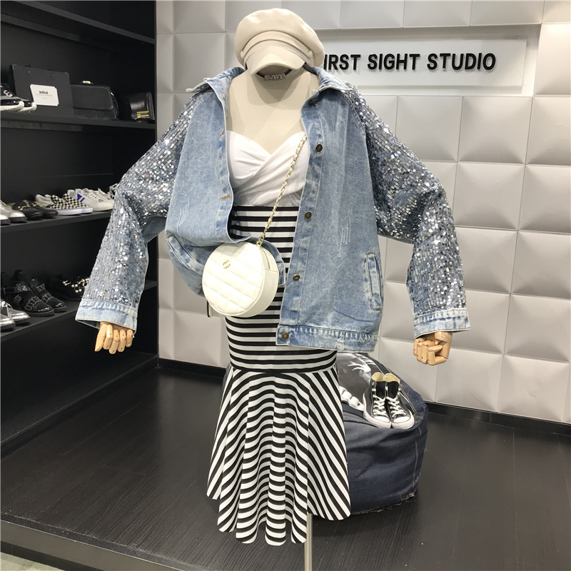 CHICEVER Korean Patcheork Sequined Denim Jacket For Women Lapel Collar Long Sleeve Oversize Loose Hole Coats Female Clothes 201029