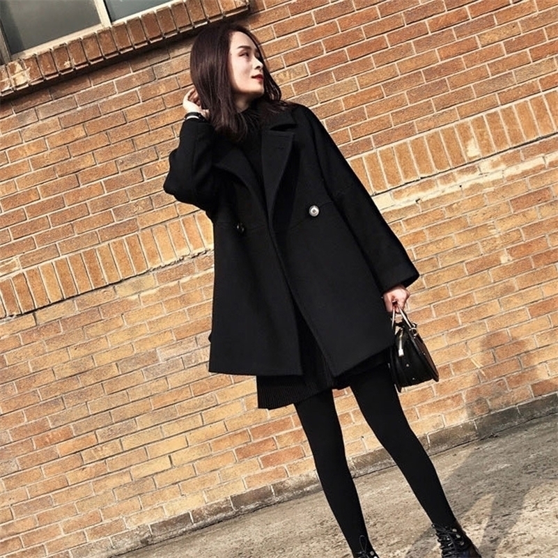 New Autumn Winter Women Coat Plus Size Fashion Turn-Down Collar Solid Loose Woolen Blends Coat For Women Larger BLACK Outerwear 201103