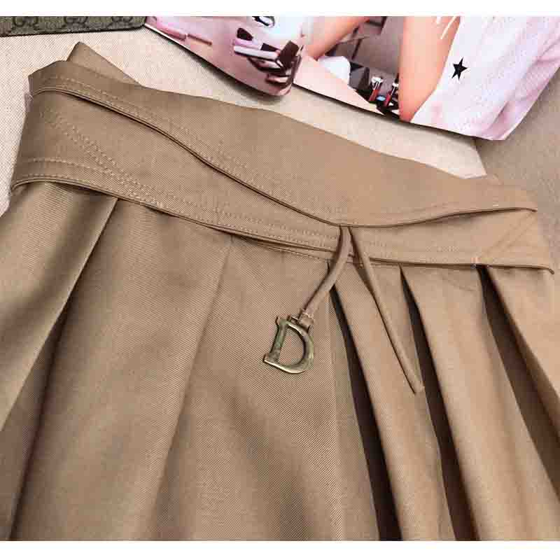 Cosmicchic Autumn Winter Women Solid Color Empire Midi Skirt D Metal Letter High Waist Elegant Aline Pleated Khaki Skirts T200324