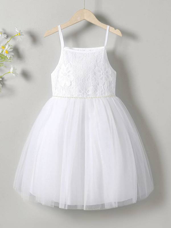 Girls Contrast Lace Mesh Overlay Cami Dress SHE