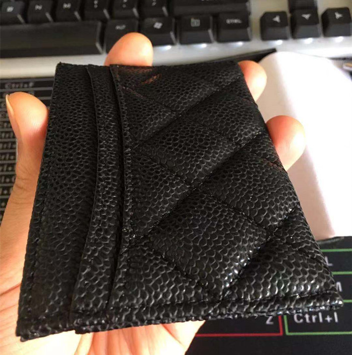 Classic caviar pattern designg Card Holders Mini Wallets Men/Women Portable Bank Credit Card Case Genuine Leather Thin Bus Card Wallet, Black caviar