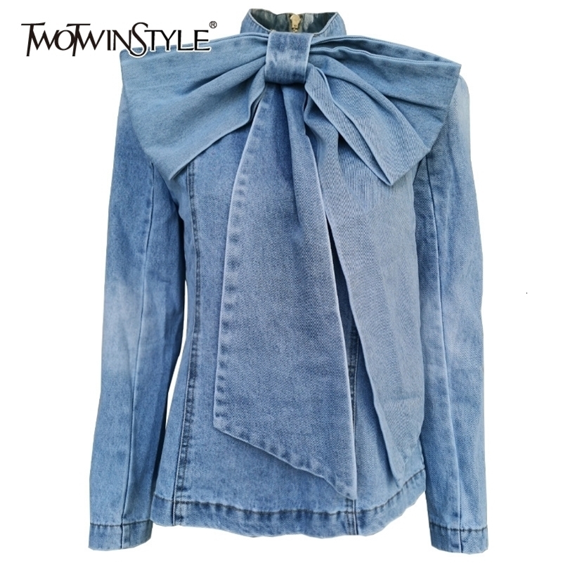 TWOTWINSTYLE Patchwork Bow Denim Women's Jacket Stand Collar Long Sleeve Vintage Ruched Jackets For Female Fashion Clothing 201112, Blue
TWOTWINSTYLE Patchwork Bow Denim Women's Jacket Stand Collar Long Sleeve Vintage Ruched Jackets For Female Fashion Clothing 201112, Blue