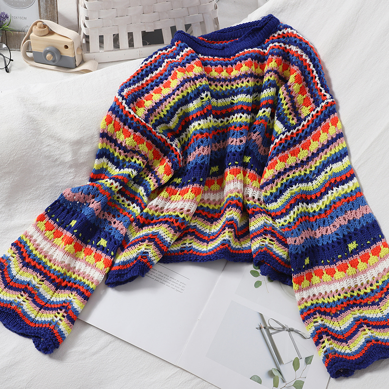 Gagarich Women Christmas Sweater Autumn Sweet Multi-Color Stripe Pullover O-Neck Slim Hollow Korean-Style Crocheted Tops 201224