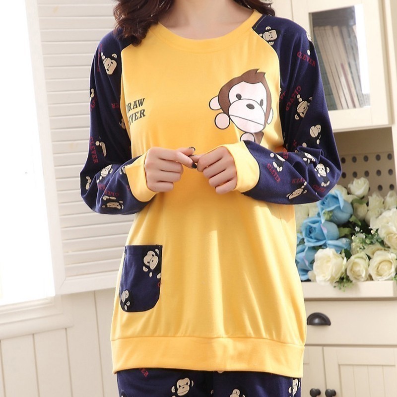 M-5XL Women Pajama Set Cotton Striped Cartoon Monkey Animal Sleepwear Pajamas Long-sleeve Plus Size Pyjamas Casual Sleepwear 201027