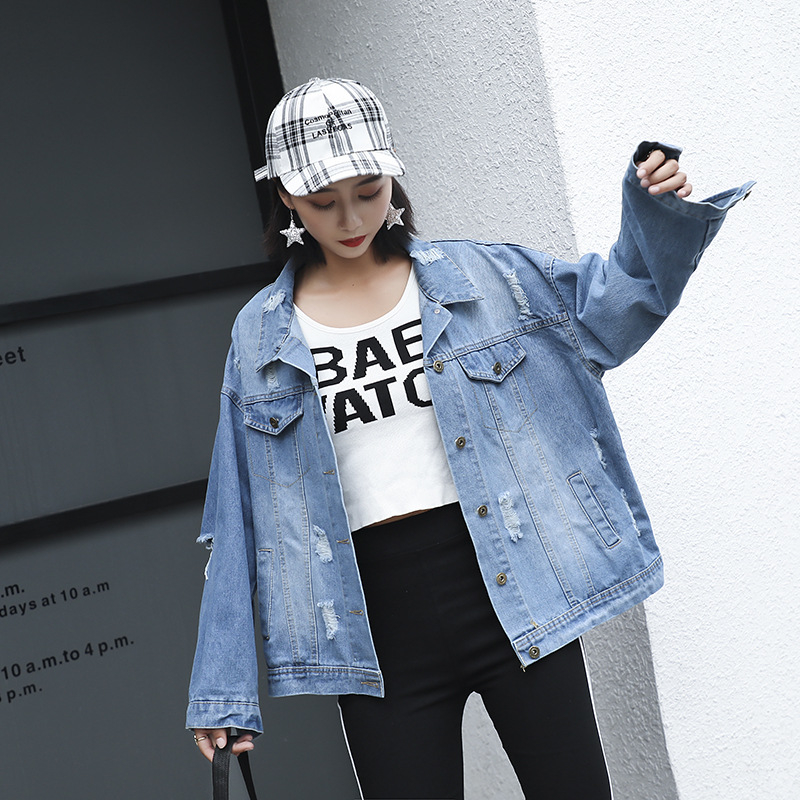 2019 Vintage Letter Print Frayed Jean Jacket Women Long Sleeve Ripped Hole Denim Coat Female Spring Causal Bomber Jackets T200319