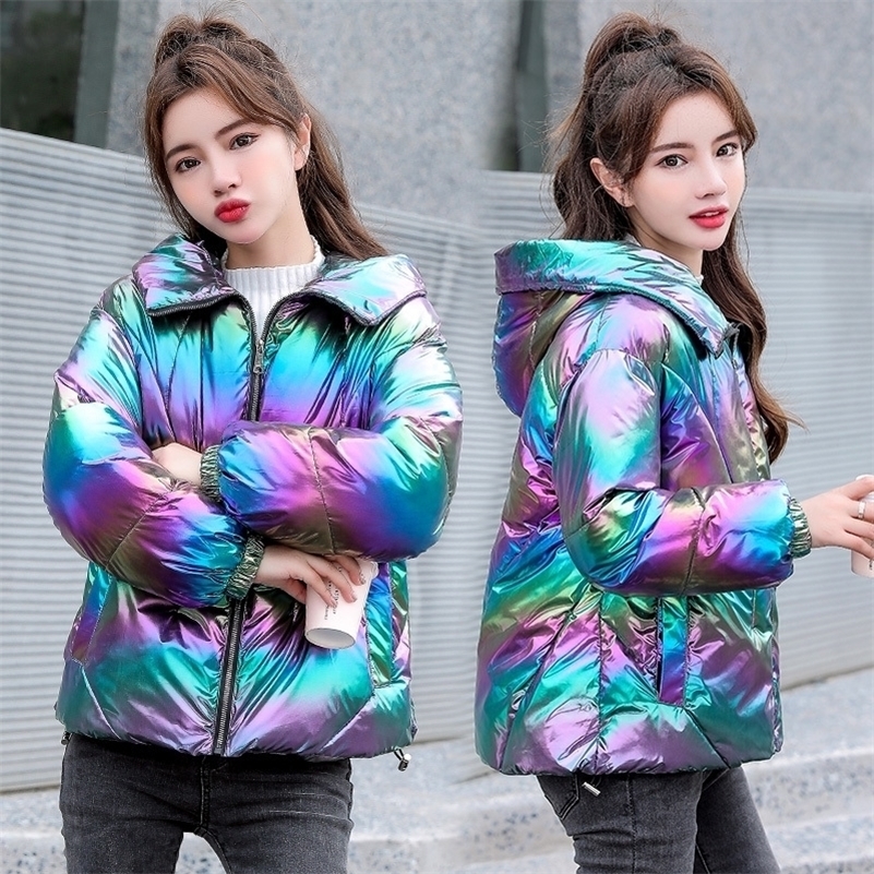 Women Winter Jacket Coats Hooded Tie dye Shiny Fabric Parkas Thick Warm Down Cotton jackets Zipper Padded Pocket Cold Outwear 201027