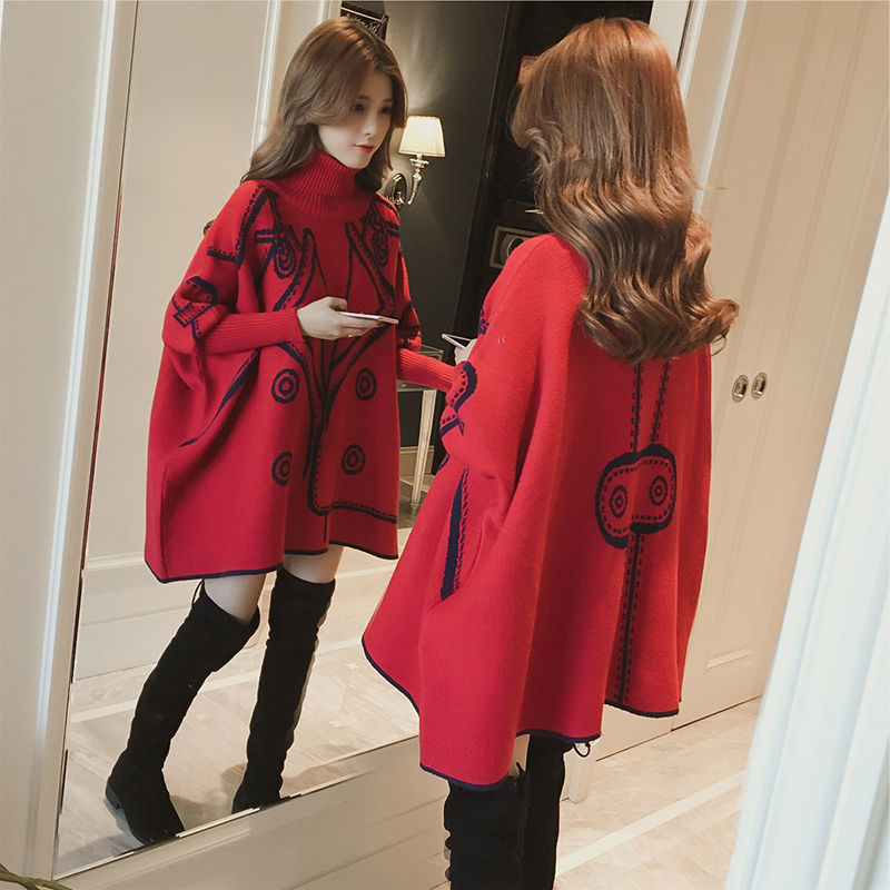 Autumn And Winter New Korean Version Of The Long Section High Collar Pullover Sweater Cloak Sweater Female Bat Shirt Coat 201111wtt