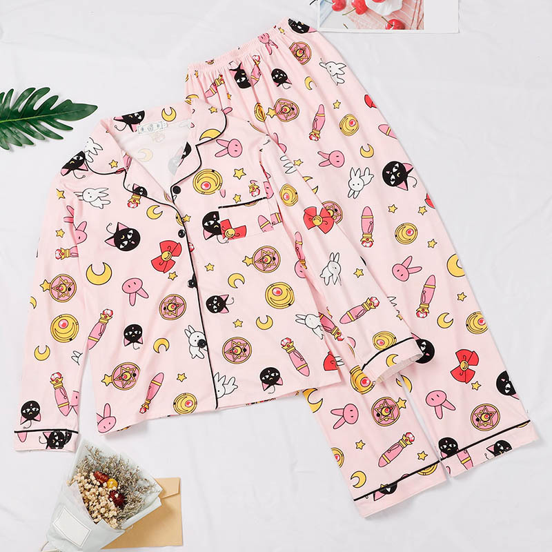 Spring Print Womens Home Wear Pink Long Sleeve Pocket Sweet Pajamas Sets Female Sleepwear Autumn Casual Ladies Home Clothes 201031