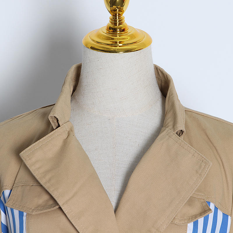 TWOTWINSTYLE Casual Patchwork Striped Trench Coat Female Lapel Collar Long Sleeve High Waist Lace Up Windbreaker Women Tide 201211