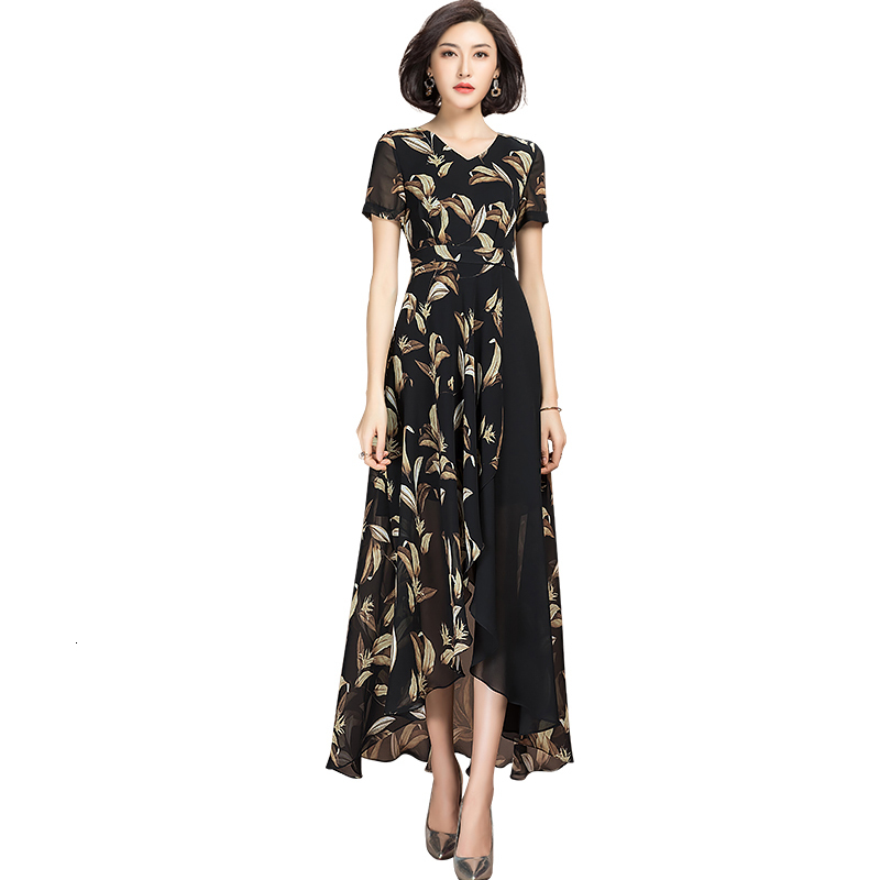 New Female Long Dress in Floral Chiffon 0fg0, Black