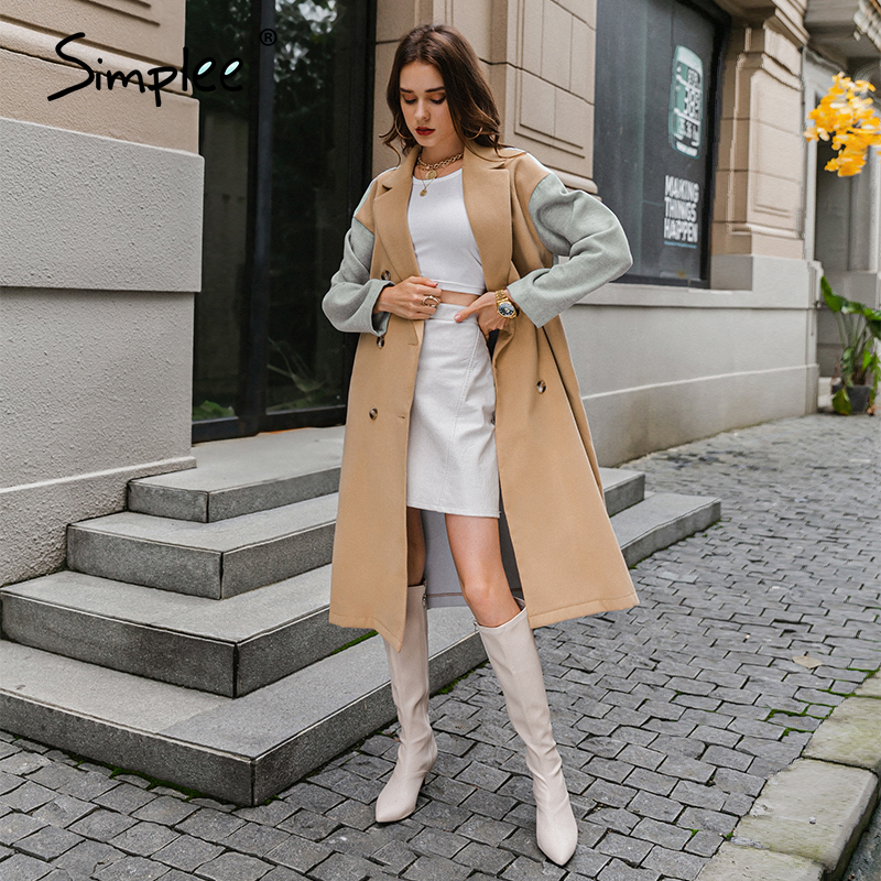 Simplee Elegant camel woman wool coat long Causal winter fashion womens coats jacket High street split warm autumn coat 201103