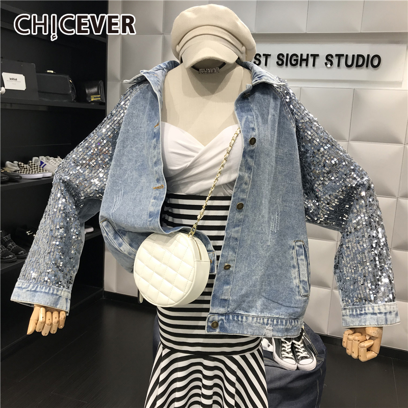 CHICEVER Korean Patcheork Sequined Denim Jacket For Women Lapel Collar Long Sleeve Oversize Loose Hole Coats Female Clothes 201029