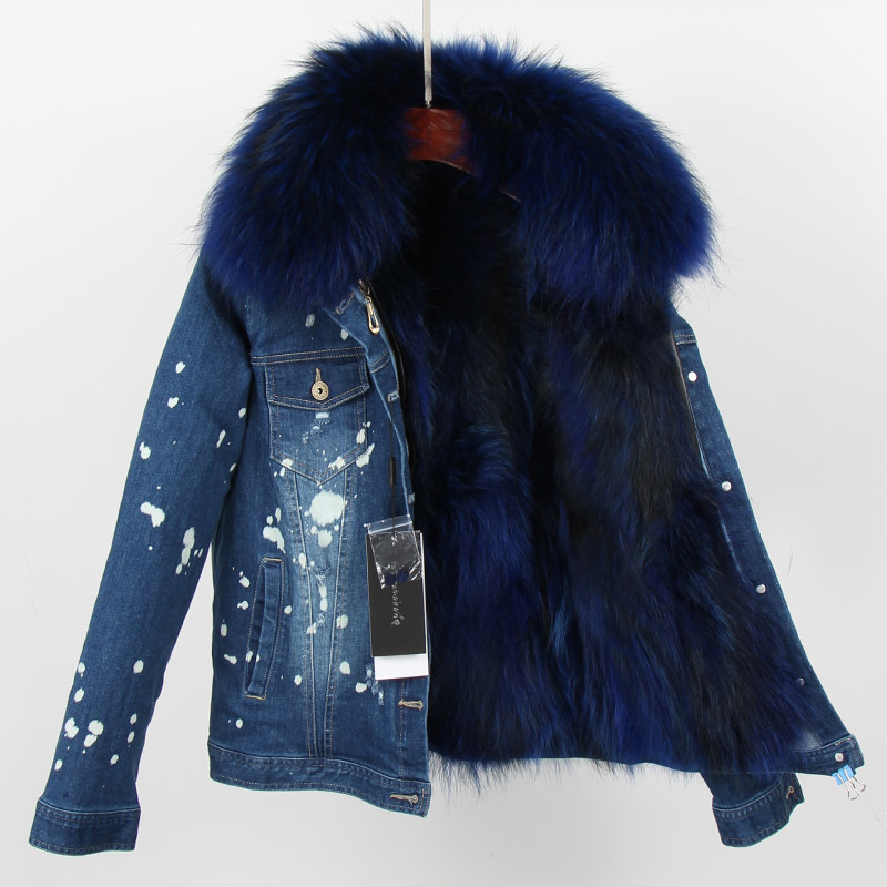 new denim parker raccoon fur, real fur 100% fur short jacket with detachable liner 201217