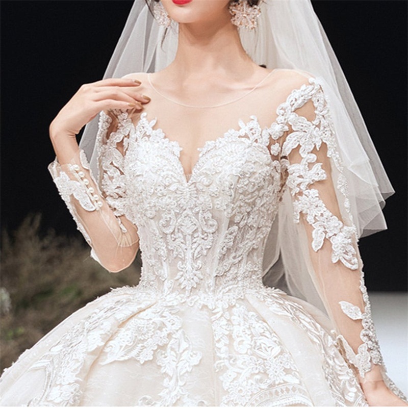 Luxury Dubai Ball Gown Wedding Dresses Long Sleeves Lace Appliqued Bridal Gowns Elegant Arabian Custom Made Vestidos De Novia