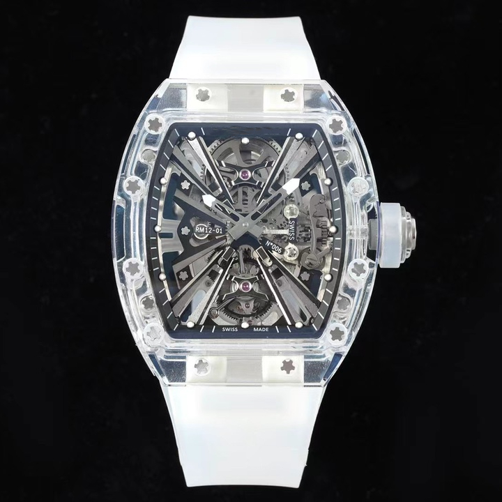 12-01 Montre DE Luxe mens watches Swiss manual tourbillon movement full glass case rubber watchband Hollow out design luxury watch, As picture
12-01 Montre DE Luxe mens watches Swiss manual tourbillon movement full glass case rubber watchband Hollow out design luxury watch, As picture