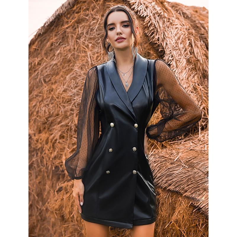 Women Double Breasted Leather Jacket Dress Elegant Fashion Lady Mesh Puff Sleeve Slim Fit Lapel Mini Dress Autumn Winter, As pic
Women Double Breasted Leather Jacket Dress Elegant Fashion Lady Mesh Puff Sleeve Slim Fit Lapel Mini Dress Autumn Winter, As pic