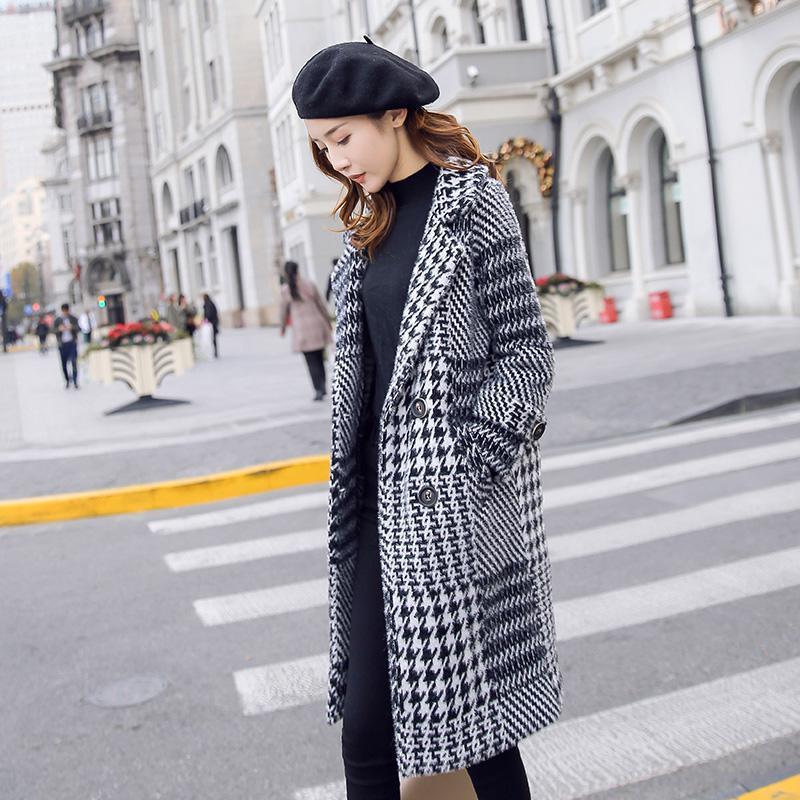 Fashion plaid wool coat women autumn winter korean style medium long coats ladies turndown collar warm pink outerwear 201216