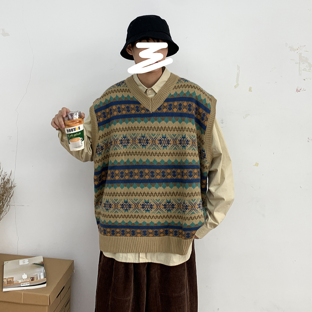 Men's V Collar Sleeveless Vest Knitting Waistcoat Sweater Vest School Spelling Color High Quality Pullover Khaki/blue Coats 201203