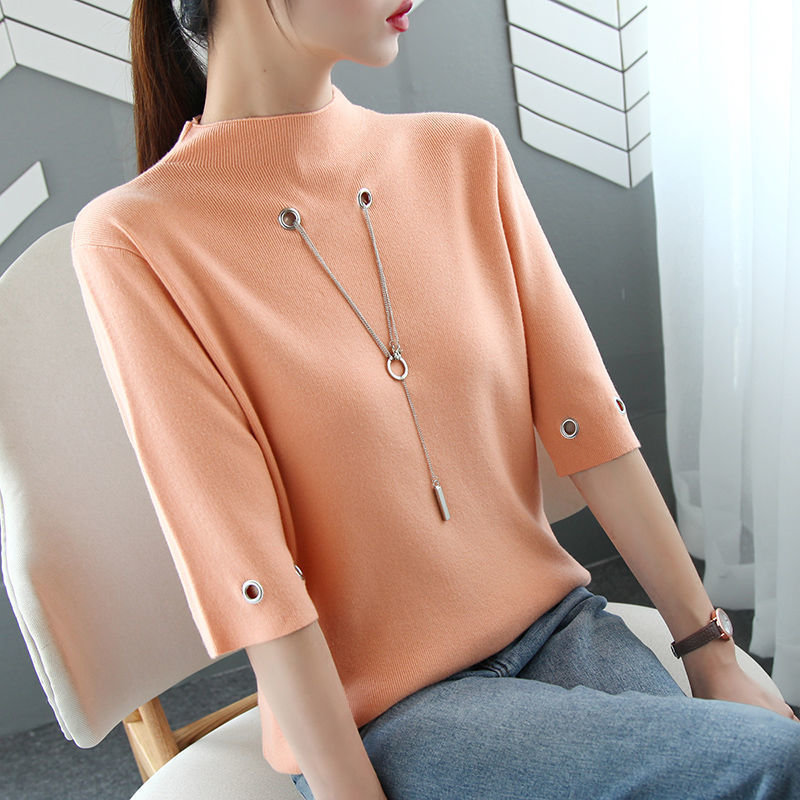 Middle Sleeve Turtleneck Sweater Women Hollow Chain Knitted Sweater Loose Casual Women's Autumn New Female Patchwork 201111wtt