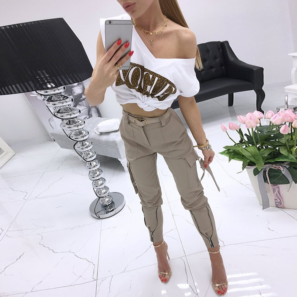 Women High Waist Cargo Pants Jogger Skinny Zipper Pockets Belted Trousers Lady Casual Ankle-Length Pants Fashion Streetwear D30 201109