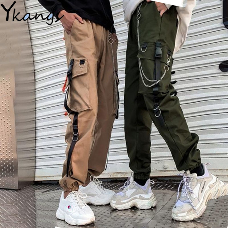 Women Men Cargo Pants Harajuku Chain Pockets Ankle Trousers High Waist Hiphop Safari Style Harem Streetwear 201109