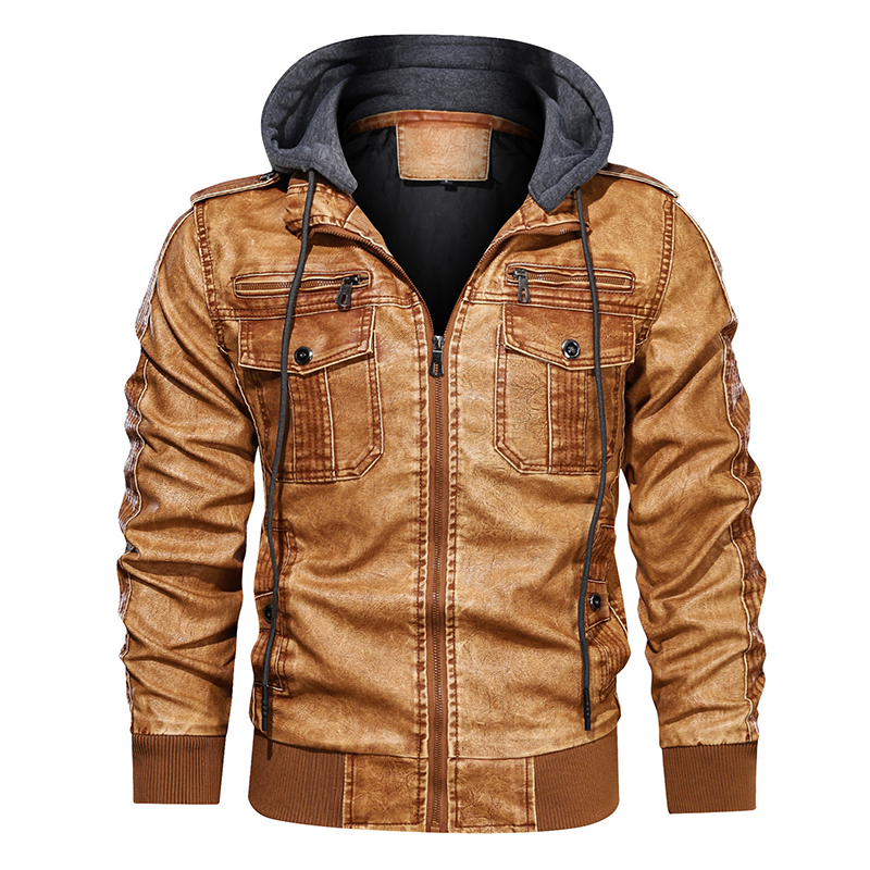 Winter Men's Motorcycle Leather Jacket Men Fashion Brown Thick Zipper Coat Male Hooded Windbreaker Outwear EU Size 5XL 201128