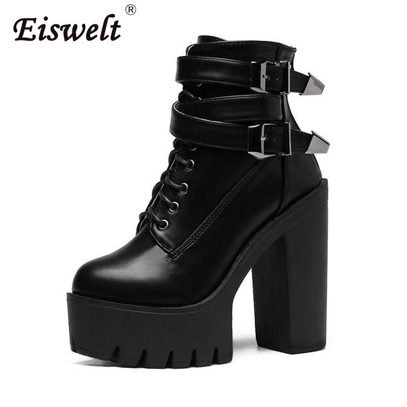 EISWELT Autumn Fashion Women Boots High Heels Platform Buckle Lace Up Leather Female Booties Black Casual Solid Ladies Shoes
EISWELT Autumn Fashion Women Boots High Heels Platform Buckle Lace Up Leather Female Booties Black Casual Solid Ladies Shoes