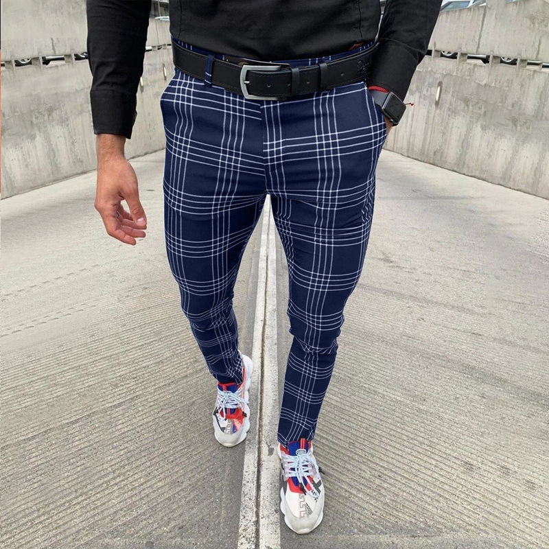 Men's Casual Pants Plaid Social Slim Fit Black Trousers Zipper Mid Waist Skinny Business Office Work Party Male Summer Stretchy 201027