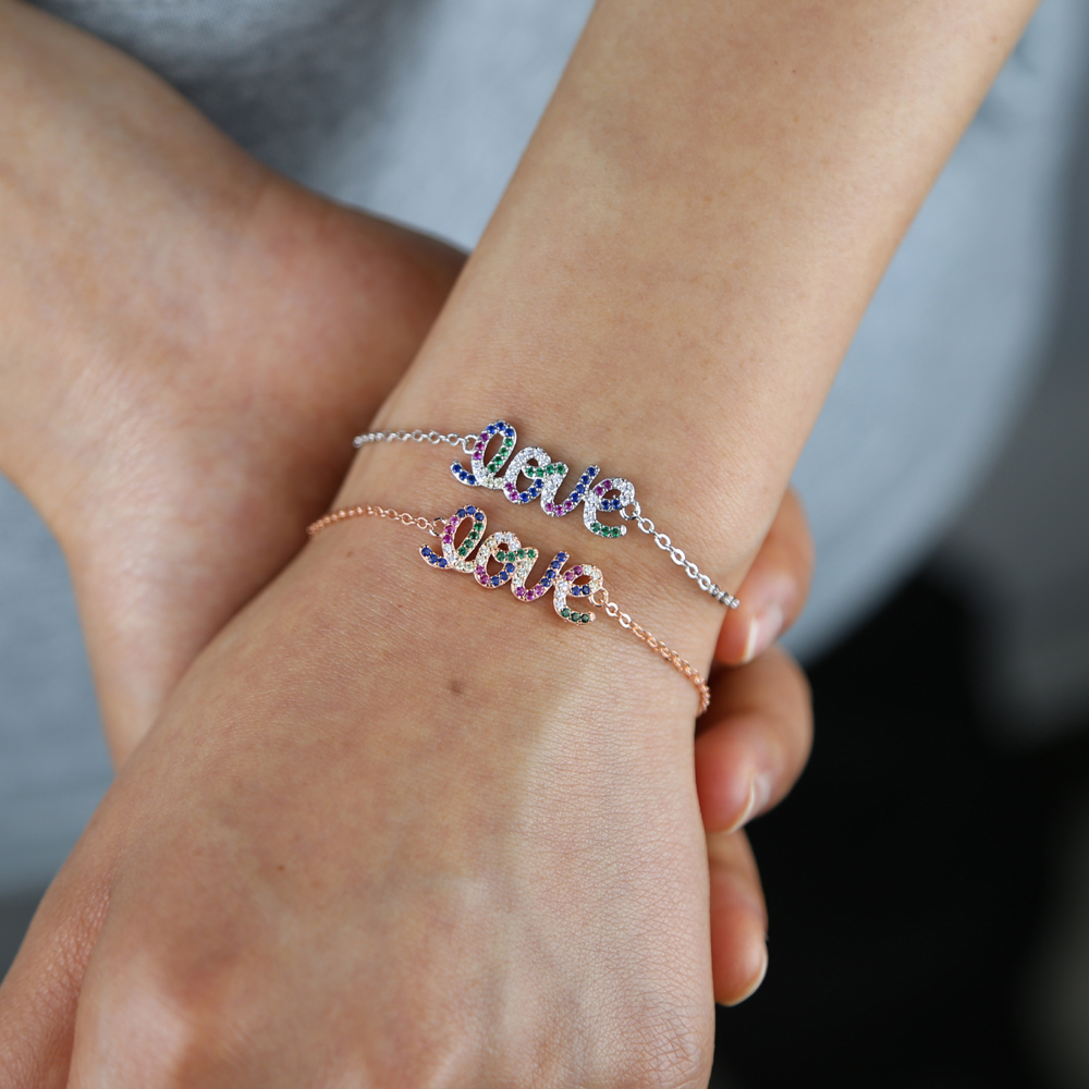Promotion Fashion Jewelry For 2021 Valentine's Day Gift Micro Pave White Rainbow Love Letter CZ Bracelet for Women