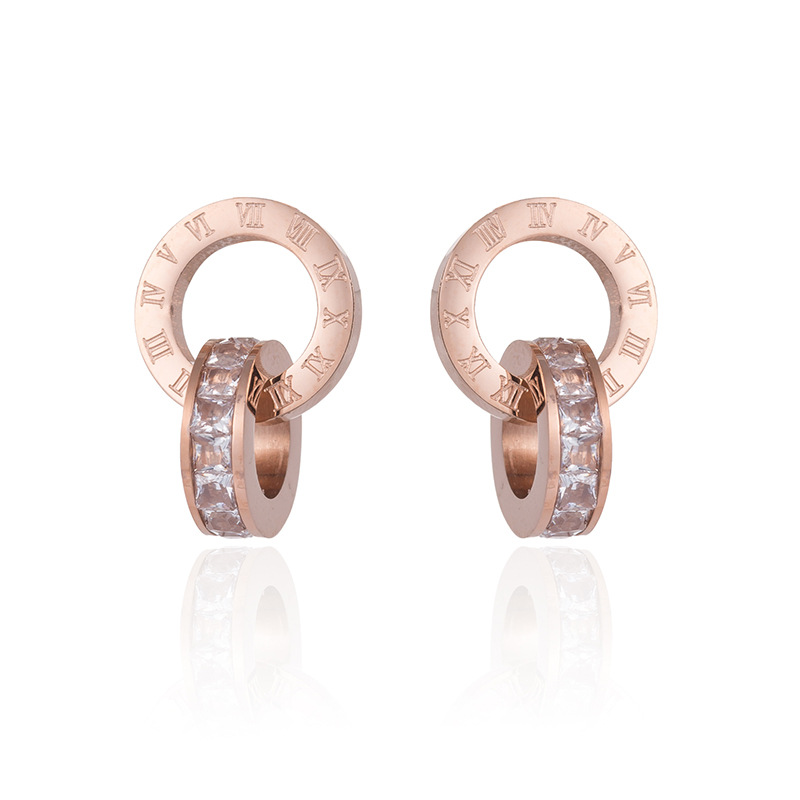New Trendy Double Circle Roman Numerals Diamond Stud Charm Earrings Stainless Steel Earring