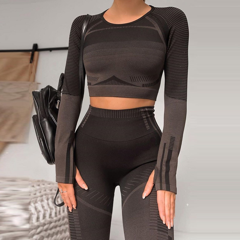 2 pcs sports sets geo seamless long sleeve crop top workout yoga set for women fitness gym suit high waist seamless leggin sets