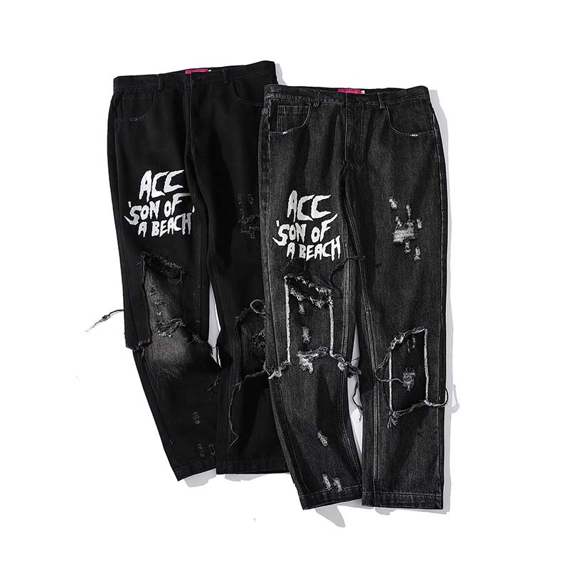 UNCLEDONJM Men's Casual Graffiti Black Jeans Men Slim Fit Ripped Distressed Jeans Denim Pants Vintage Long Trousers ED-AC18 201223