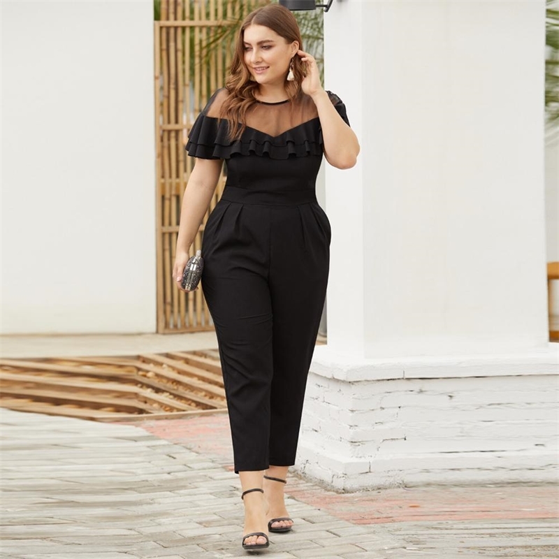 Women's Plus Size 4XL Mesh Stitching Ruffled Short-Sleeved Small Feet Jumpsuit ladies office black long pants elegant pocket T200608