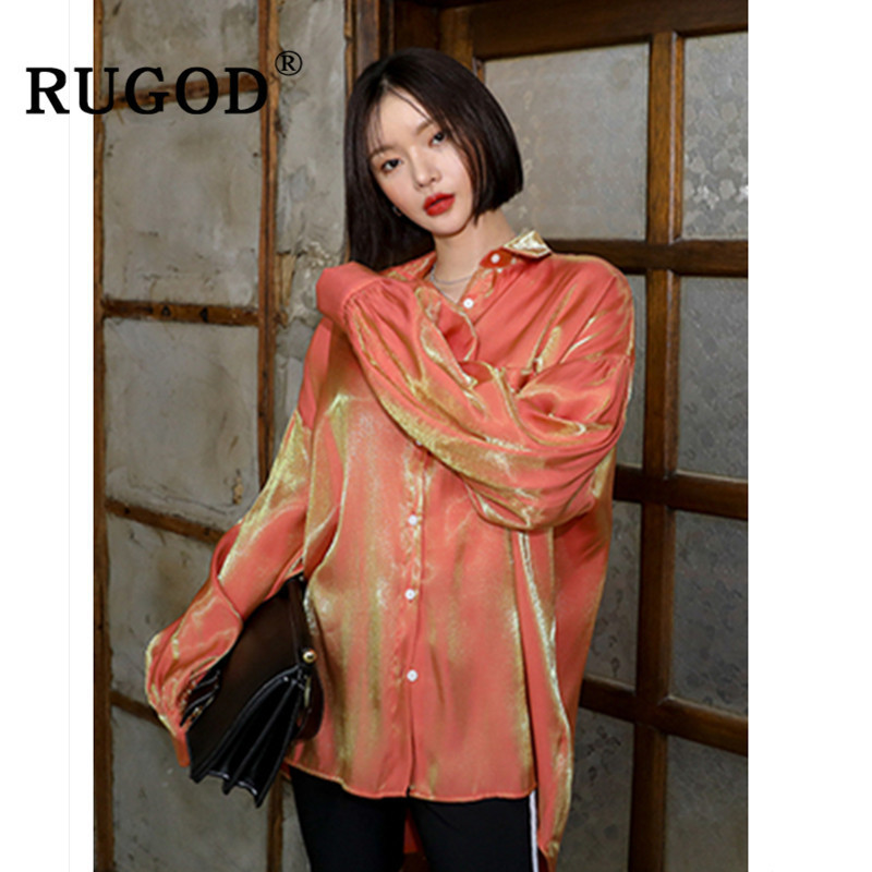 RUGOD Vintage Gradient blouse women Elegant glossy long sleeve orange shirts ladies korean chic turn-down collar blouse and tops T200321