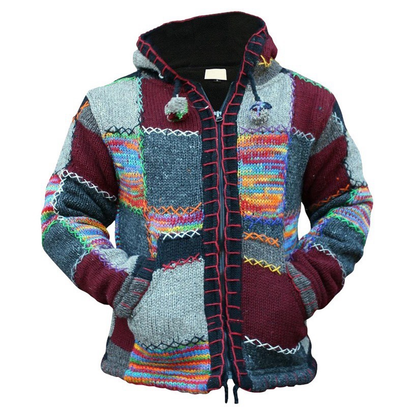 Laamei Vintage Men Hooded Cardigan Sweaters Jacket Men Autumn Patchwork Knit Ethnic Style Outwear Patch Hoodies Coat Sweater 201202
