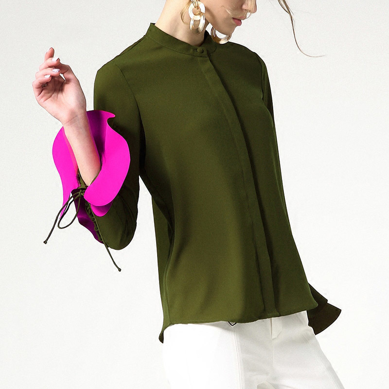 Ruffles Blouse Top For Women Flare Sleeve Lace Up Green Basic Shirt Female Summer Vintage Fashion 2020 Clothing T200321