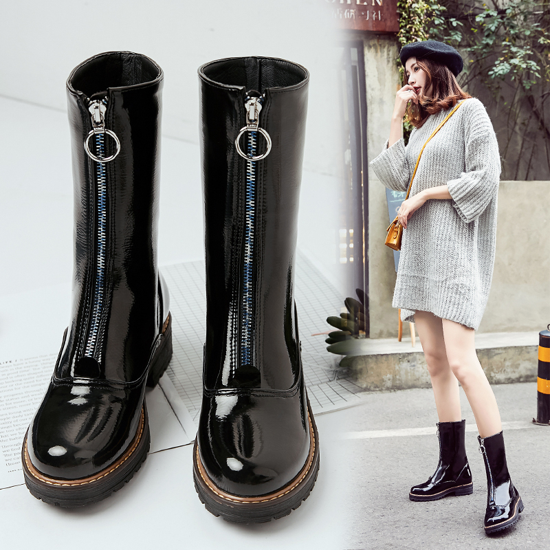 New autumn female leather front zipper martin fashion vintage ankle motorcycle boots, Black flock.
New autumn female leather front zipper martin fashion vintage ankle motorcycle boots, Black flock.