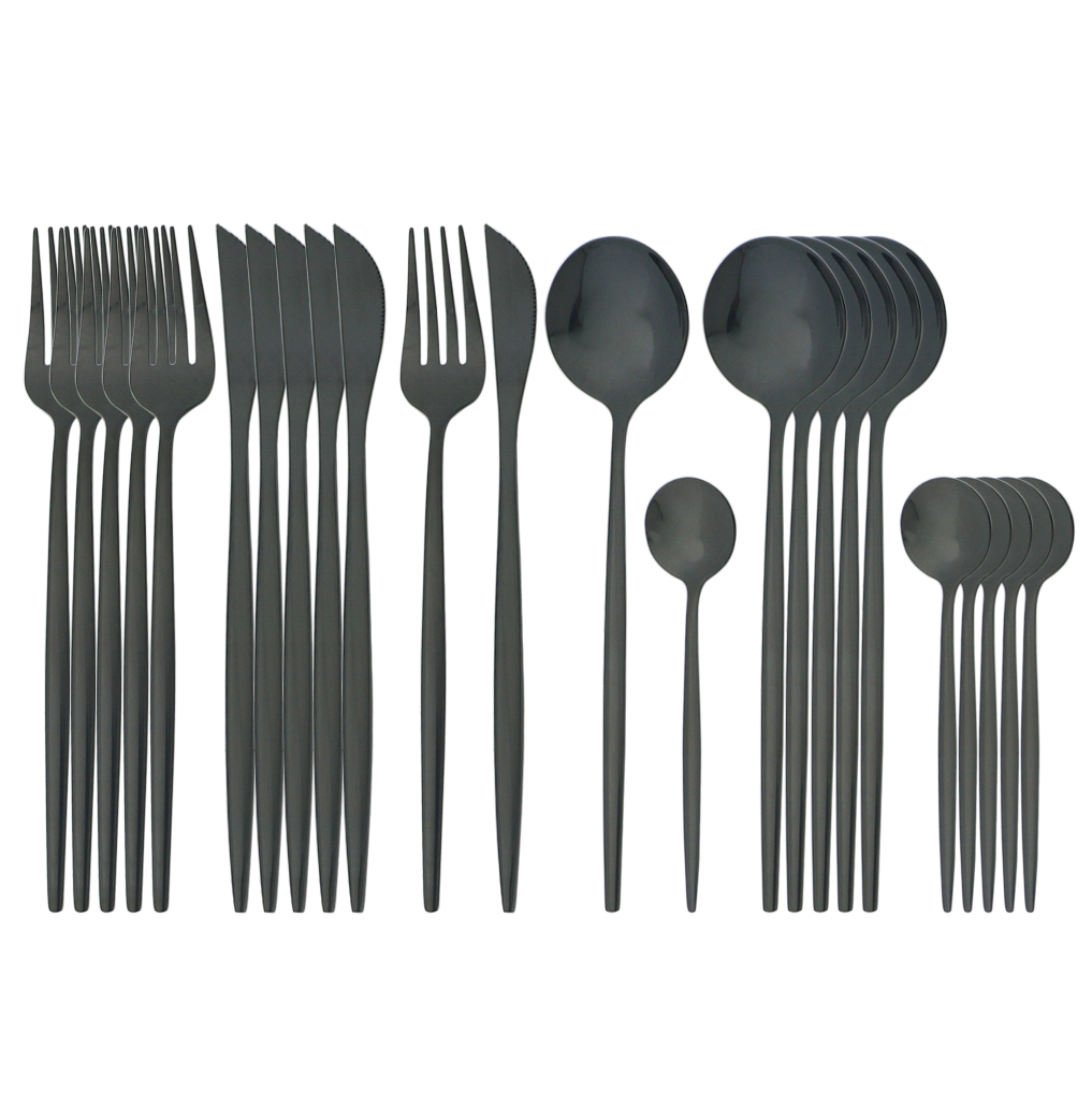 24Pcs Black Cutlery Stainless Steel Dinnerware Knife Fork Coffee Spoon Home Kitchen Dinner Tableware Set 201130
24Pcs Black Cutlery Stainless Steel Dinnerware Knife Fork Coffee Spoon Home Kitchen Dinner Tableware Set 201130