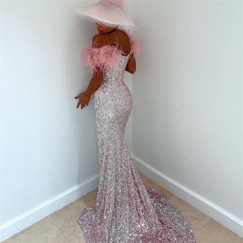 glitter sequins mermaid evening dresses feather sexy side split luxury prom dress major beading custom made robe de soire party wear