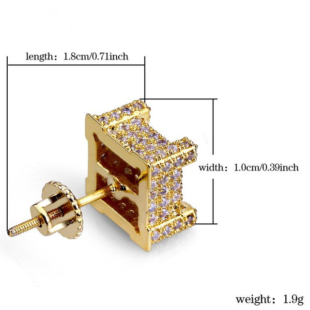 Hip Hop Iced Out 14k Gold Plated Stud Square Micro-mosaic Zircon Earrings for Men Women Party Gifts Free shipping